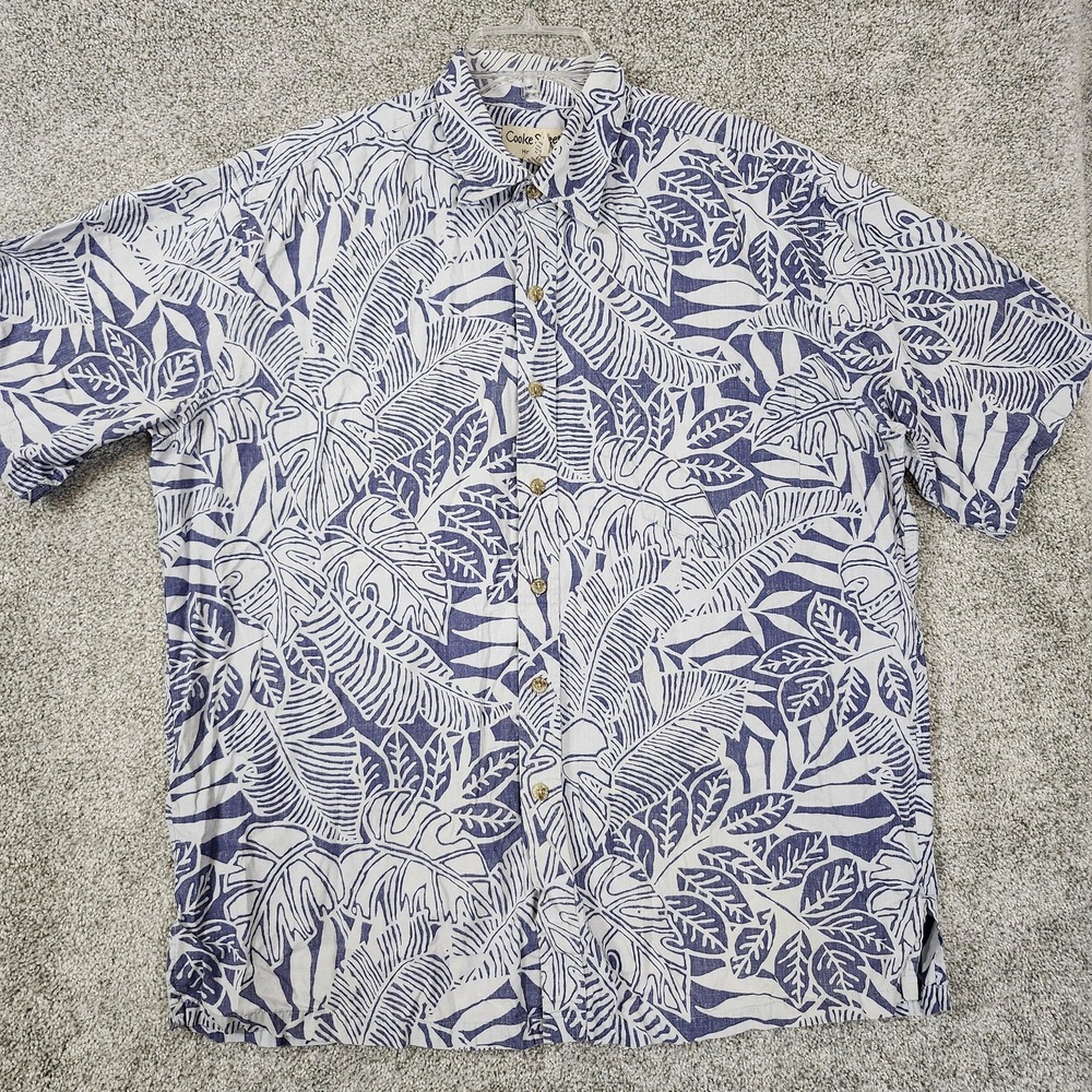 Cooke Street Shirt Mens XL Blue White Tropical Leaf Hawaiian Cotton Button Up